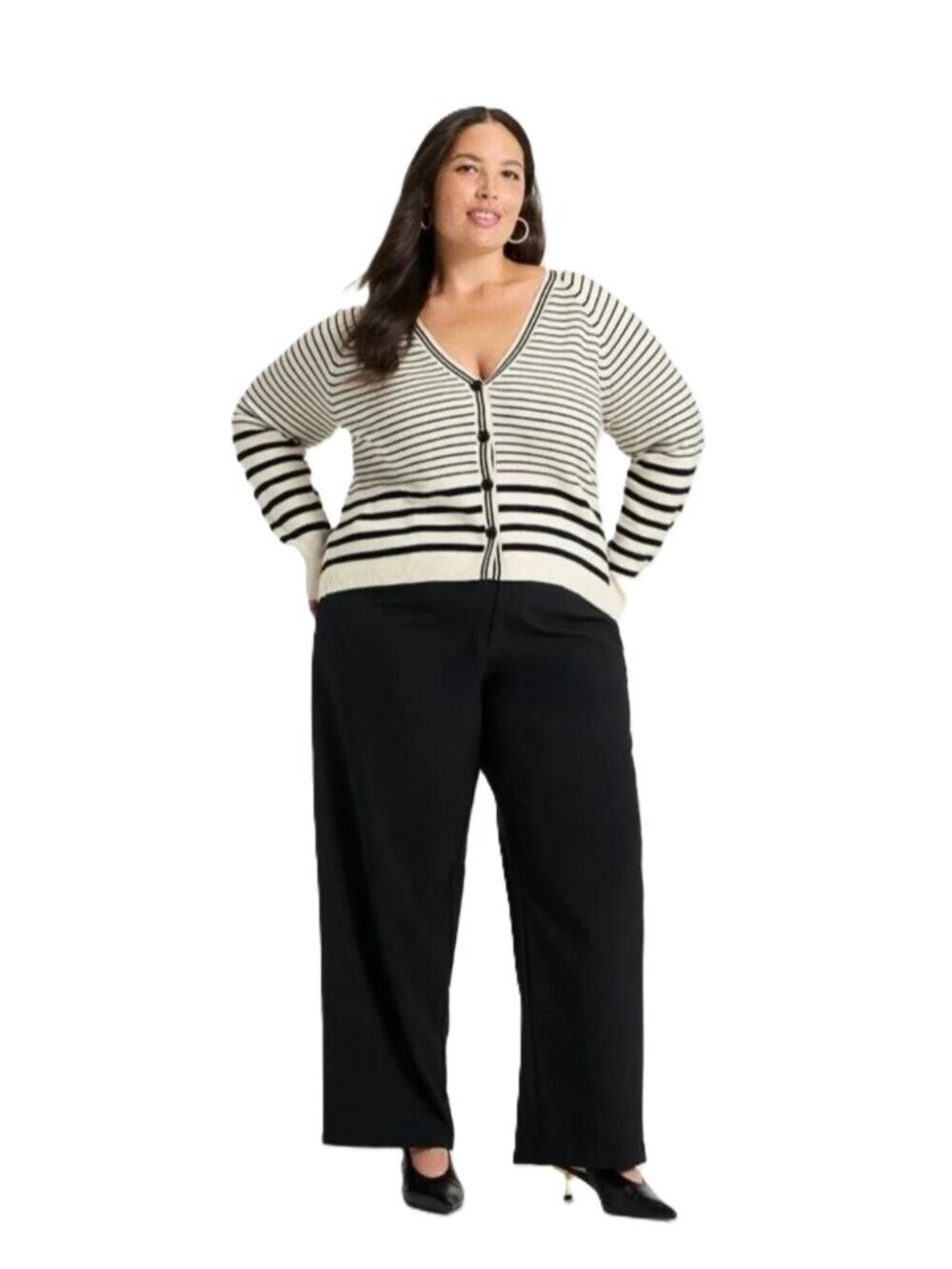 A New Day - Women's Long Sleeve V-Neck Stripped Black/Cream Cardigan NWT